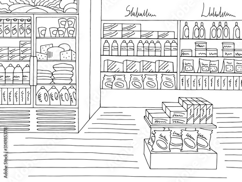Grocery store shop interior black white graphic sketch illustration vector