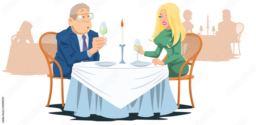 Man and girl in cafe. Funny people in restaurant.