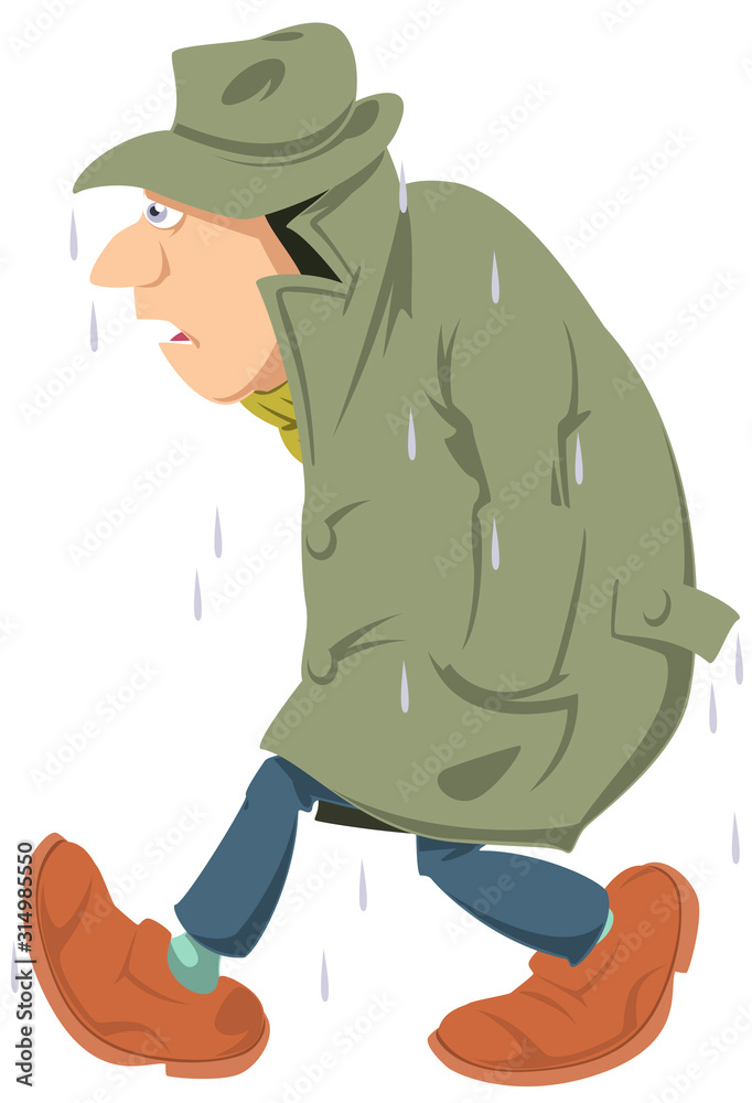 Wet man. People going in rain. Vector. Stock illustration.