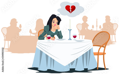 Lonely unhappy girl in cafe. Funny people in restaurant.