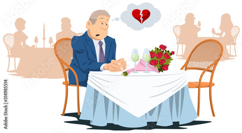 Lonely unhappy man in cafe. Funny people in restaurant.