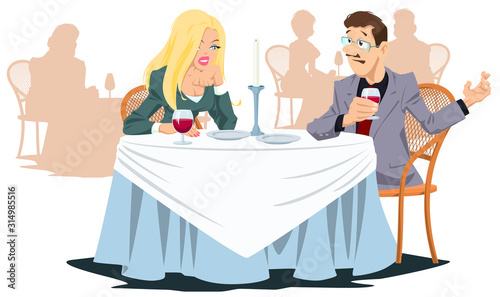 Man and girl in cafe. Funny people in restaurant.