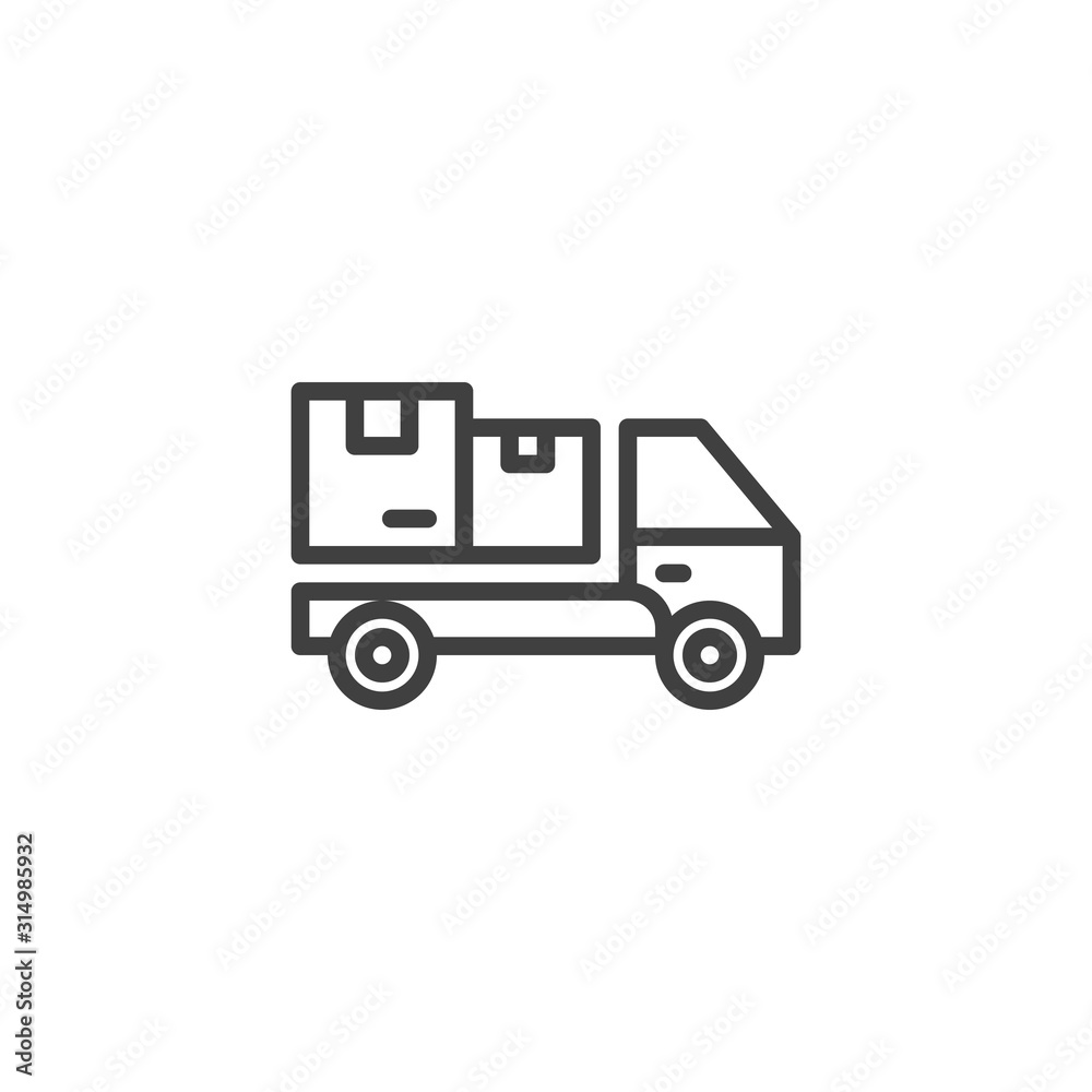 Parcel delivery truck line icon. linear style sign for mobile concept and web design. Cargo logistics truck with boxes outline vector icon. Symbol, logo illustration. Vector graphics