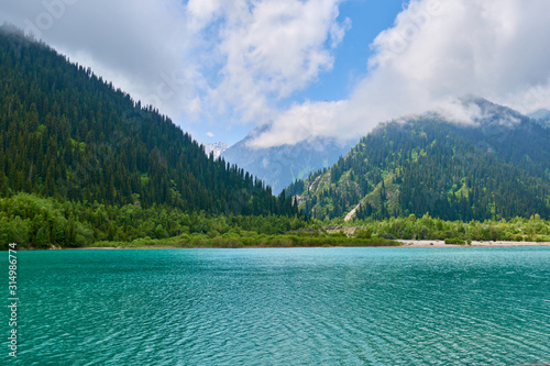 View of mountain lake Issyk. Almaty. Kazakhstan. The Lake Issyk also known as Issyk Lake is a lake in Kazakhstan fed by the Issyk River.