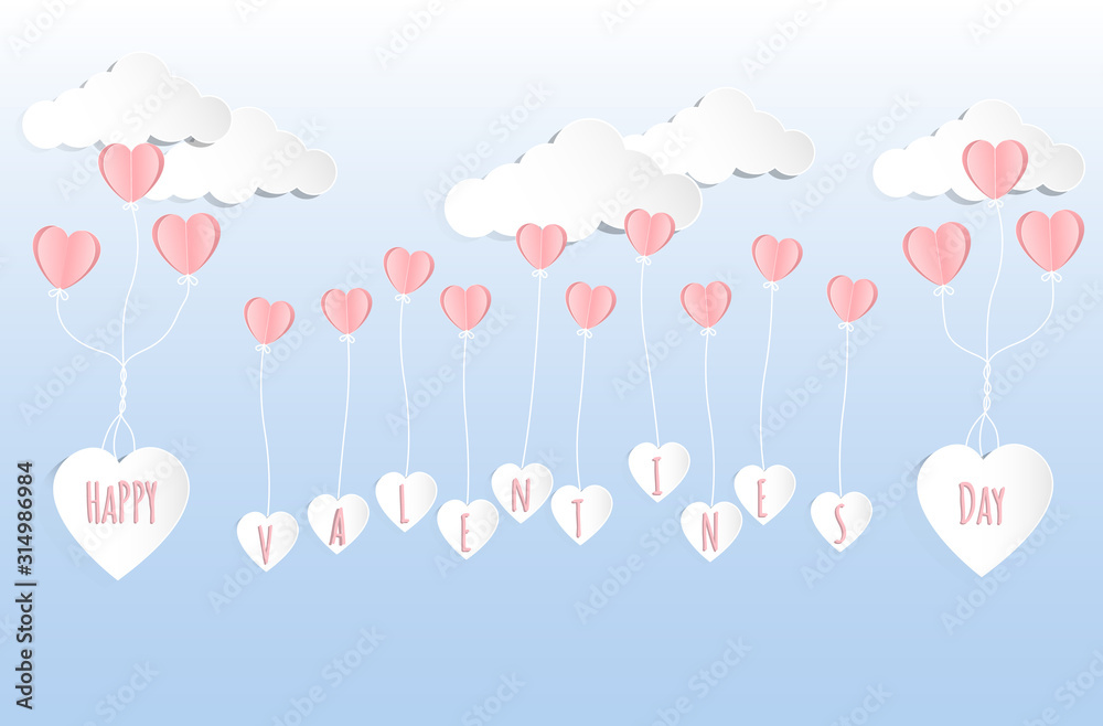 Valentines day concept background. Vector illustration. Pink paper hearts fly with white paper heart on blue sky and cloud. Cute love sale banner or greeting card