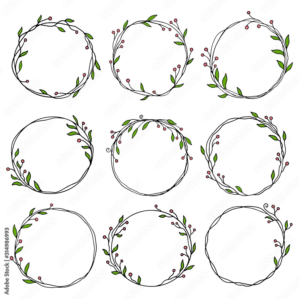 Naklejka Hand drawn set of cicle floral frame. Border for banner, wedding, greeting card design. Sketch style vector illustration. Copy space for text. Ink drawing.