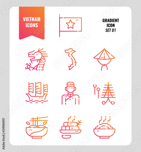 Vietnam icon set 1. Include flag, landmark, people, food and more. Gradient icons Design. vector
