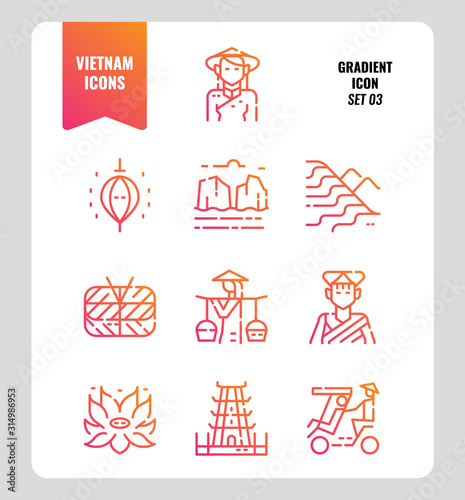 Vietnam icon set 3. Include landmark, people, food, culture and more. Gradient icons Design. vector