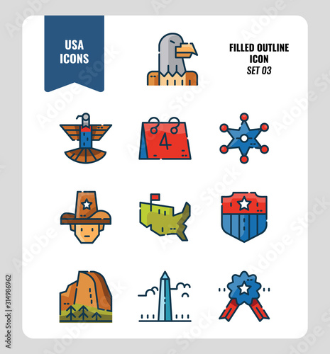 American icon set 3. Include Eagle sign, USA map, Landscape and more. Filled Outline icons Design. vector