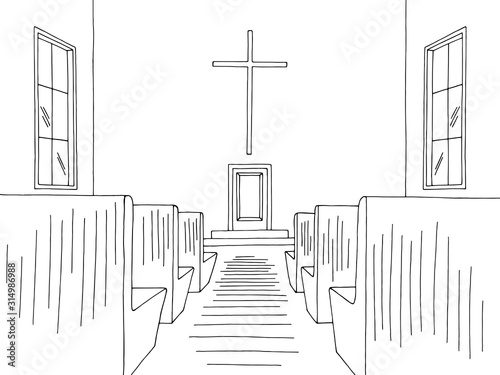 Church interior graphic black white sketch illustration vector