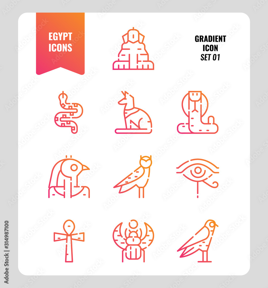 Fototapeta Egypt icon set 1. Include Sphinx, Horus, Ankh, Cobra, owl and more. Gradient icons Design. vector