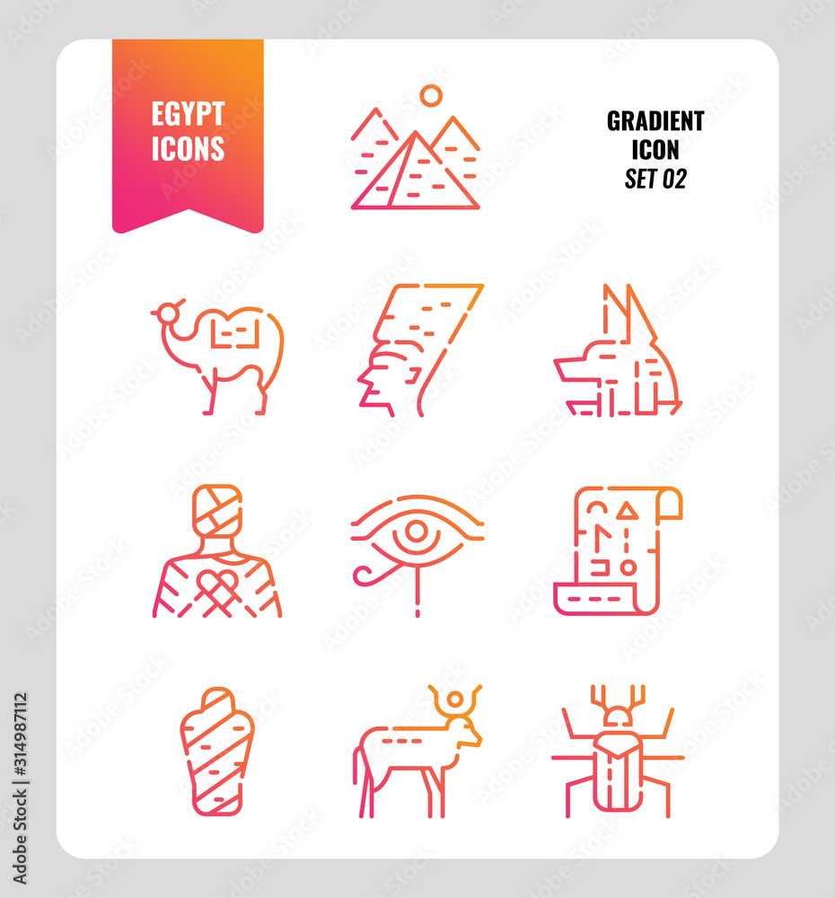 Egypt icon set 2. Include Pyramid, Anubis, god, mummy, camel and more. Gradient icons Design. vector Egypt icon set 2. Include Pyramid, Anubis, god, mummy, camel and more. Gradient icons Design. vector