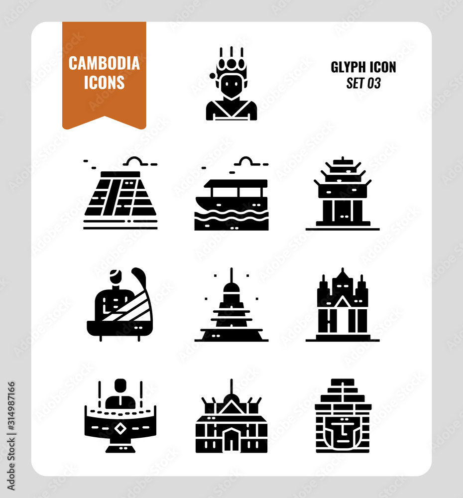 Cambodia icon set 3. Include landmark, music, people, culture and more. Glyph icons Design. vector illustration