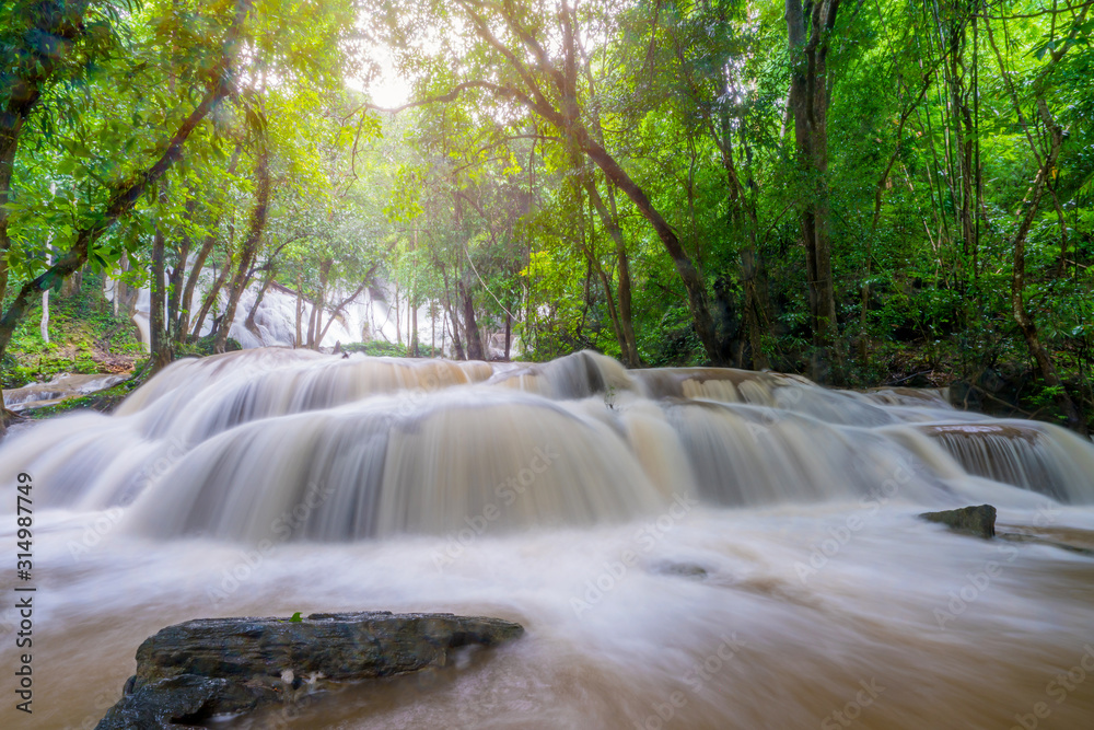 Waterfall scene at Pha Tad Waterfalls in rainforest at the Khuean Srinagarindra National Park Kanchanaburi. Waterfall scene at Pha Tad Waterfalls in rainforest at the Khuean Srinagarindra National Park Kanchanaburi.