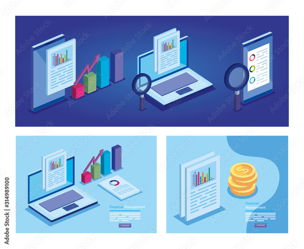set of laptop with business icons set of laptop with business icons