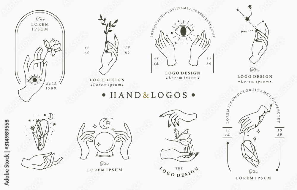 Beauty boho logo collection with hand, rose,crystal,moon,eye,star.Vector illustration for icon,logo,sticker,printable and tattoo