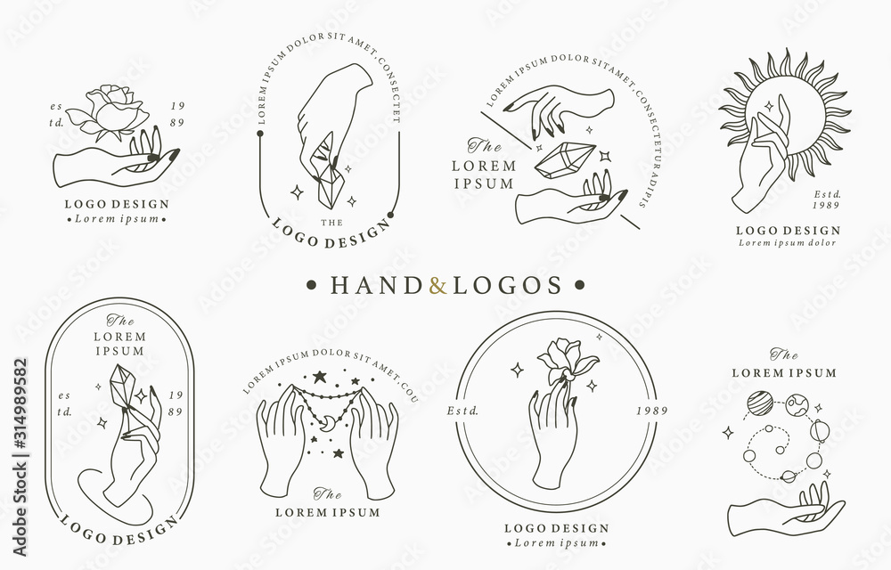 Beauty boho logo collection with hand, rose,crystal,moon,sun,star.Vector illustration for icon,logo,sticker,printable and tattoo