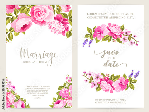 Save the date card with text place and flower frame. Holiday roses frame for invitation card template. Printable marriage invitation with flowers over white background. Vector illustration.