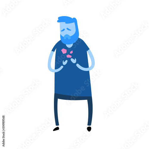 Man feeling heavy in his chest. Difficulty to breathe. Cartoon design icon. Colorful flat vector illustration. Isolated on white background.
