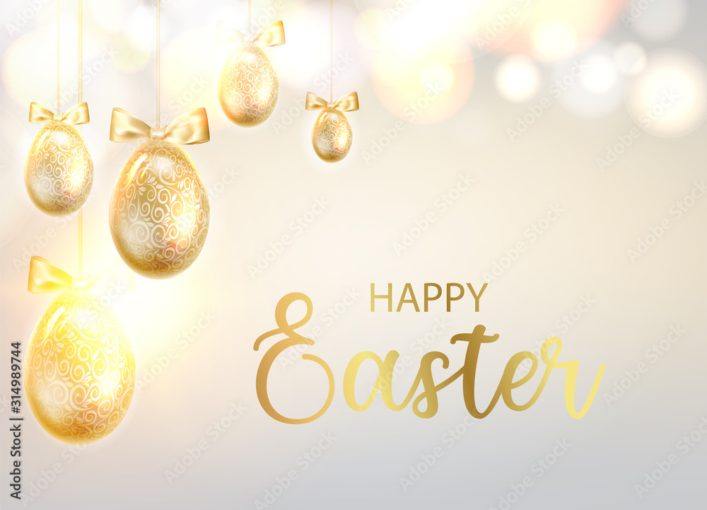 Golden Easter eggs with calligraphic text over blurred bokeh and gray background. Vector illustration.