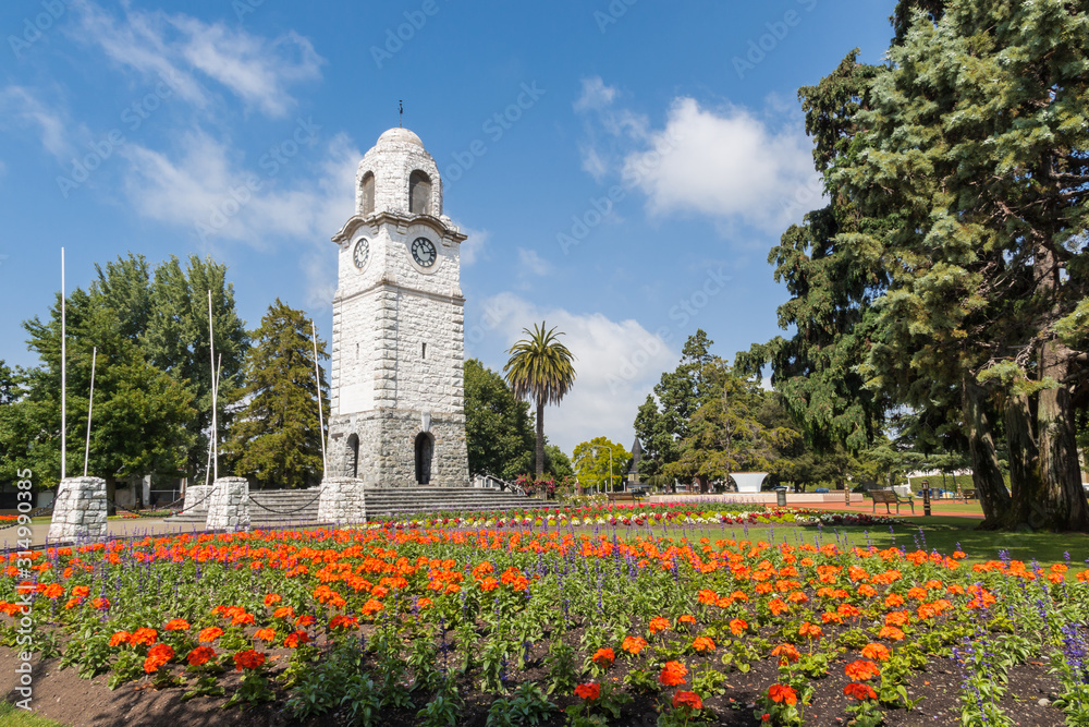 War Memorial and Clock Tower at Seymour Square in Blenheim town, New Zealand