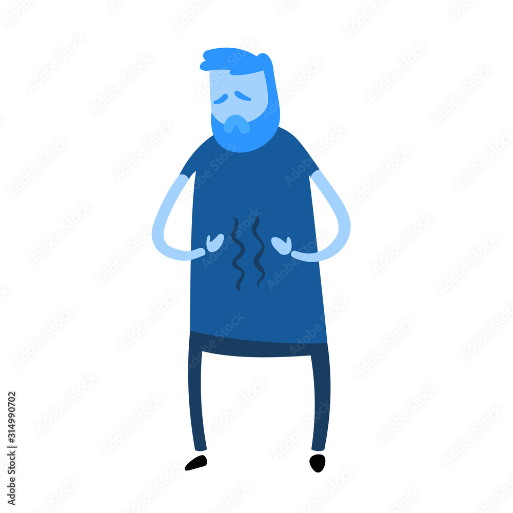 Guy looking down at his stomach growling in hunger pangs. Flat design icon. Colorful flat vector illustration. Isolated on white background.