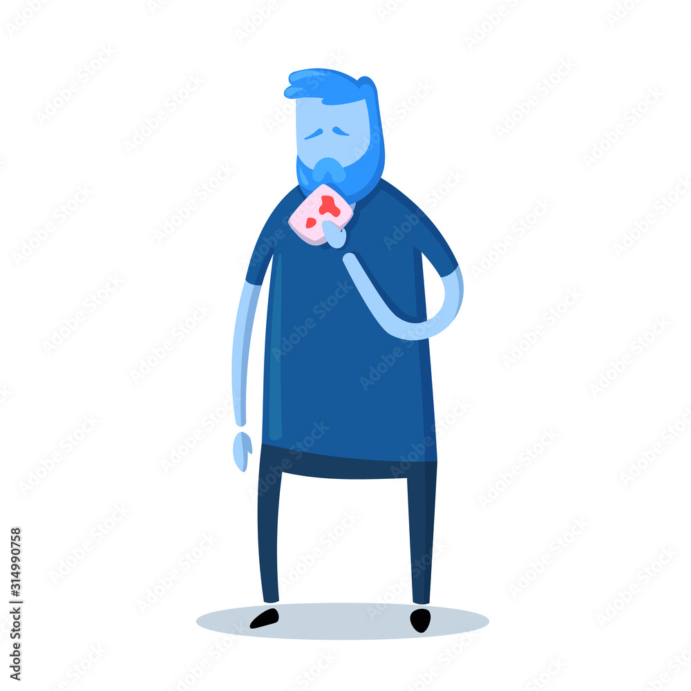 Sick cartoon man with handkerchief in his hand. Lung disease. Cartoon design icon. Colorful flat vector illustration. Isolated on white background. Sick cartoon man with handkerchief in his hand. Lung disease. Cartoon design icon. Colorful flat vector illustration. Isolated on white background.