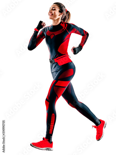 one caucasian beautiful woman runner running jogger jogging stretching warming up in jumpsuit winter clothes isolated on white background © snaptitude