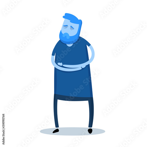 Guy feeling stomack pain. Cartoon design icon. Flat vector illustration. Isolated on white background.