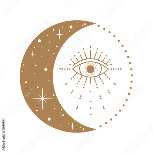 Symbol of eye with moon and stars inside. Hand drawn vector illustration