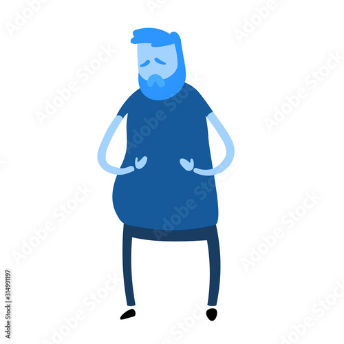 Overweight sad cartoon man. Obesity. Cartoon design icon. Colorful flat vector illustration. Isolated on white background.