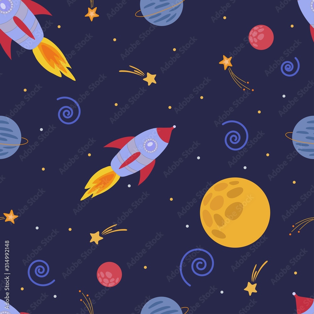 Space pattern, vector illustration with stars, rockets, moon, comet
