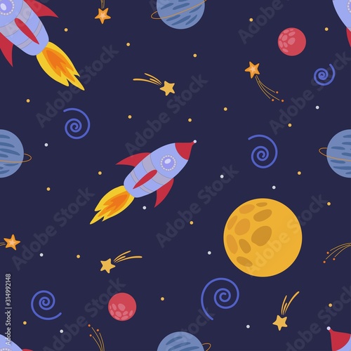 Space pattern, vector illustration with stars, rockets, moon, comet