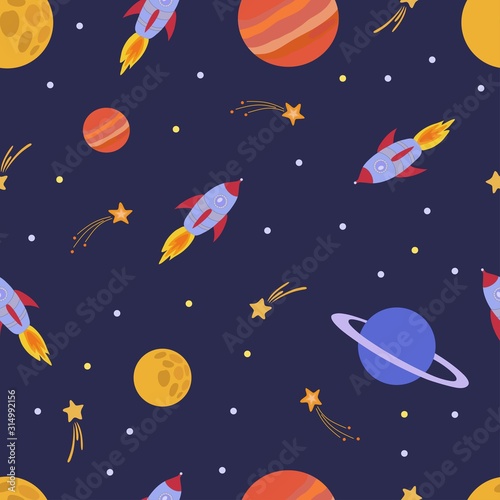 Space seamless pattern, vector illustration with stars, rockets, moon, comet