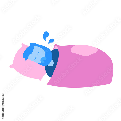 Man soaked in sweat lying in his bed. Cartoon design icon. Colorful flat vector illustration. Isolated on white background.