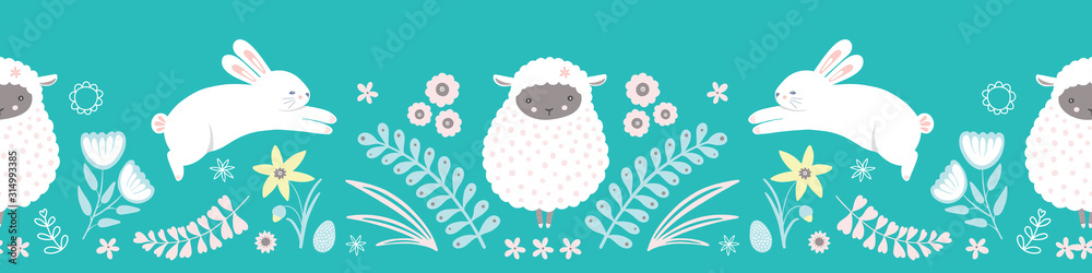 Easter pattern border. Cute bunny, lamb, egg and floral vector seamless repeat design. Easter pattern border. Cute bunny, lamb, egg and floral vector seamless repeat design.