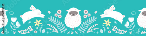 Easter pattern border. Cute bunny, lamb, egg and floral vector seamless repeat design.