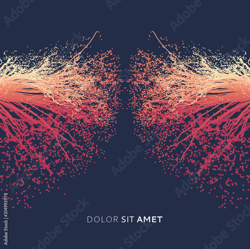 Point explode. Array with dynamic emitted particles. 3d technology style. Abstract background. Vector illustration.