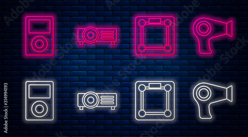 Set line Presentation, movie, film, media projector , Bathroom scales , Music player and Hair dryer . Glowing neon icon on brick wall. Vector