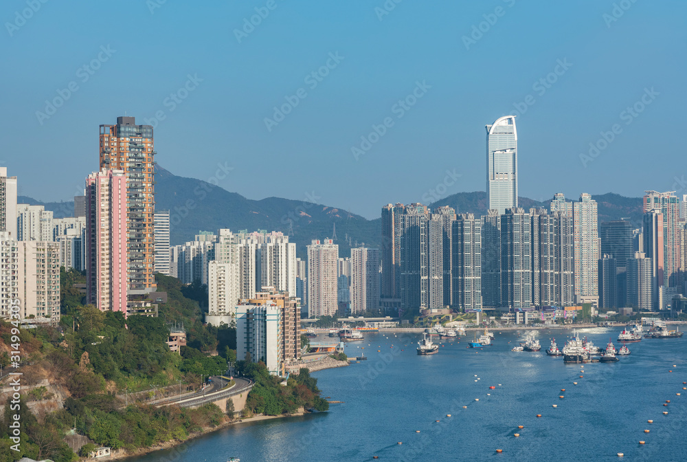 Skyline and harbor of Hong Kong city