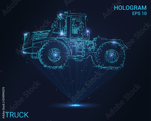 Hologram truck. A holographic projection of the tractor. Flickering energy flux of particles. Scientific transport design.