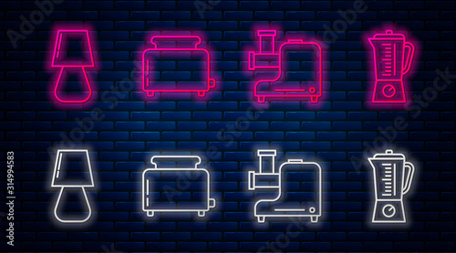 Set line Toaster with toasts , Kitchen meat grinder , Table lamp and Blender . Glowing neon icon on brick wall. Vector