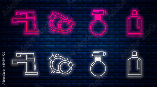 Set line Washing dishes , Cleaning spray bottle with detergent liquid , Water tap and Plastic bottles for liquid dishwashing liquid. Glowing neon icon on brick wall. Vector