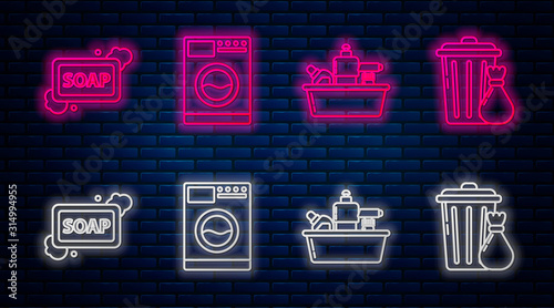 Set line Washer , Plastic bottles for liquid dishwashing liquid, Bar of soap with foam and Trash can and garbage bag . Glowing neon icon on brick wall. Vector