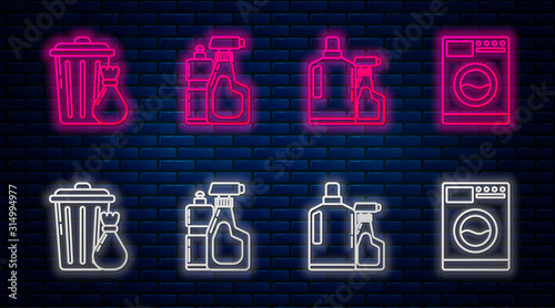 Set line Plastic bottles for liquid dishwashing liquid, Plastic bottles for liquid dishwashing liquid, Trash can and garbage bag and Washer . Glowing neon icon on brick wall. Vector