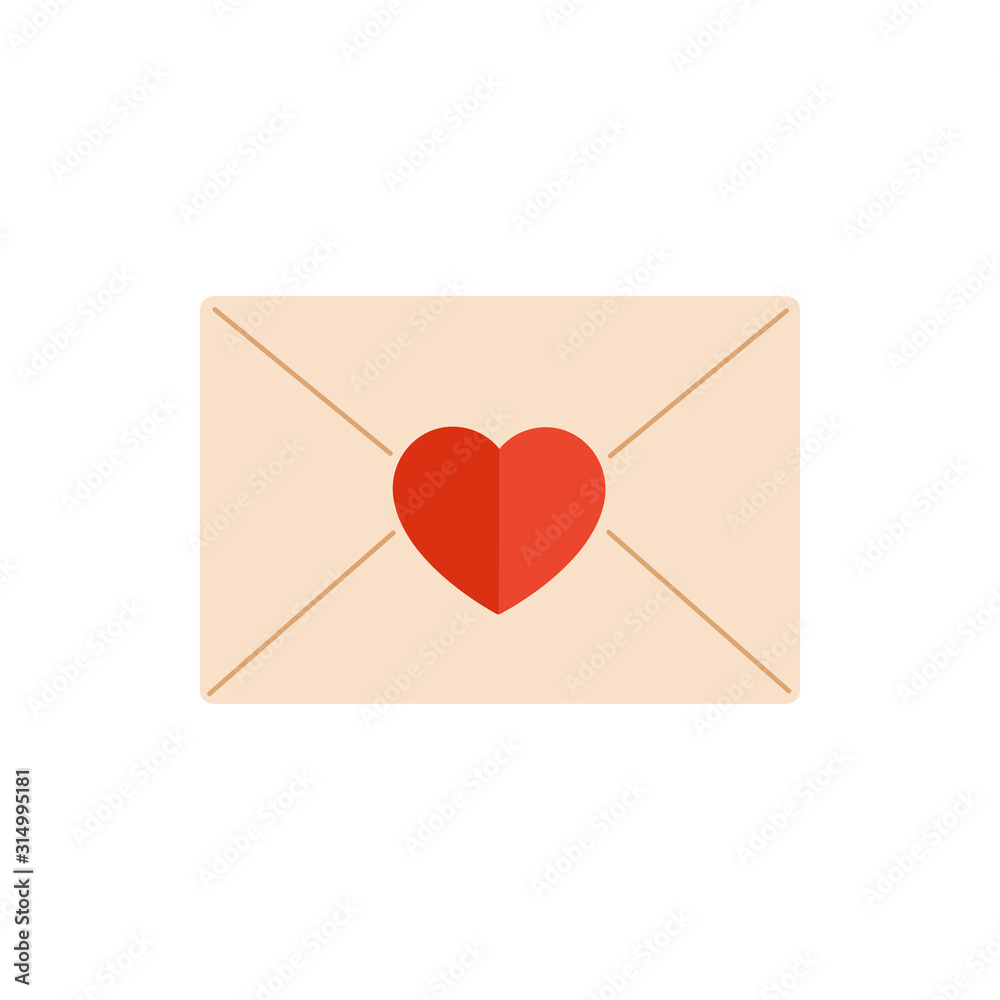 Paper envelope decorated with a red heart isolated from white background