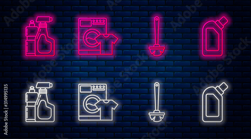 Set line Washer and t-shirt , Toilet brush , Plastic bottles for liquid dishwashing liquid and Plastic bottles for liquid dishwashing liquid. Glowing neon icon on brick wall. Vector