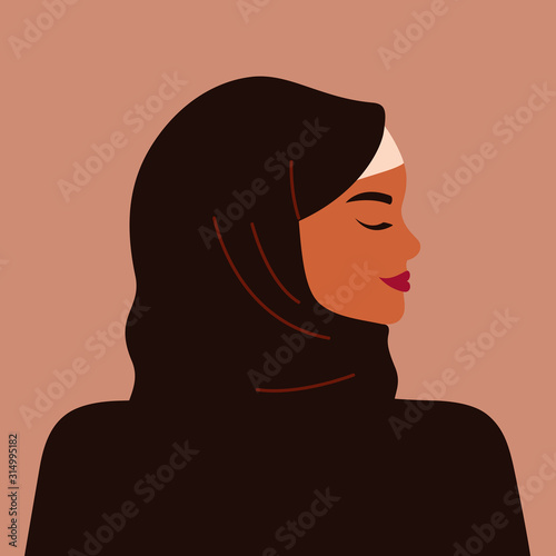 Portrait of a strong muslim woman in profile wearing a black hijab. Avatar of confident young arab girl. Vector illustration