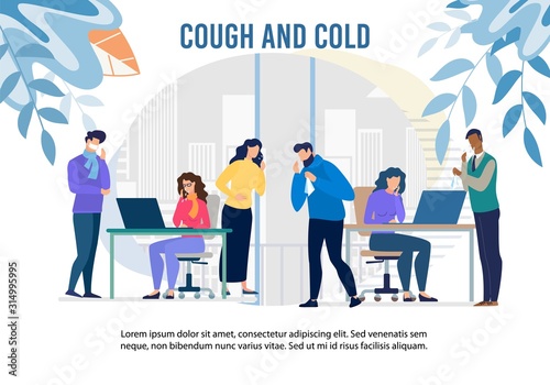 Cough and Cold Epidemic in Office Warning Banner. Cartoon Man and Woman Workers Feeling Unwell Having Infection, Flu Symptoms. Health Protection with Pills and Vaccination. Vector Medical Illustration