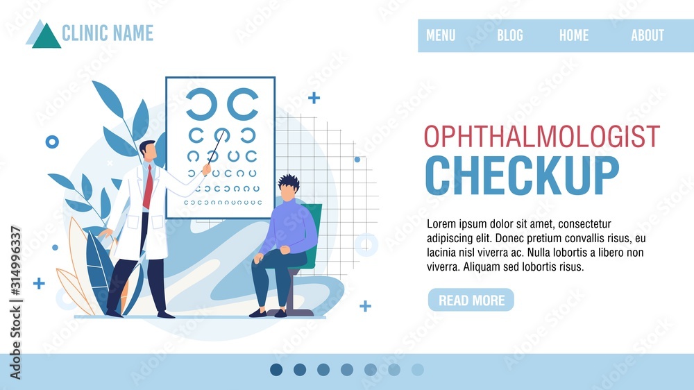 Landing Page Presenting Ophthalmologist Clinic. Professional Optician Checkup. Cartoon Ophthalmologist Testing Patient Eyesight Vision, Eyeglasses Selection. Vector Cartoon Illustration